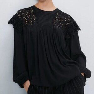 Zara Blouse S‎ Black Eyelet Long Sleeve